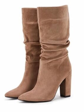 Women’s Slouchy High Heel Boots Mid Calf Suede Slip on Chunky Block Boots